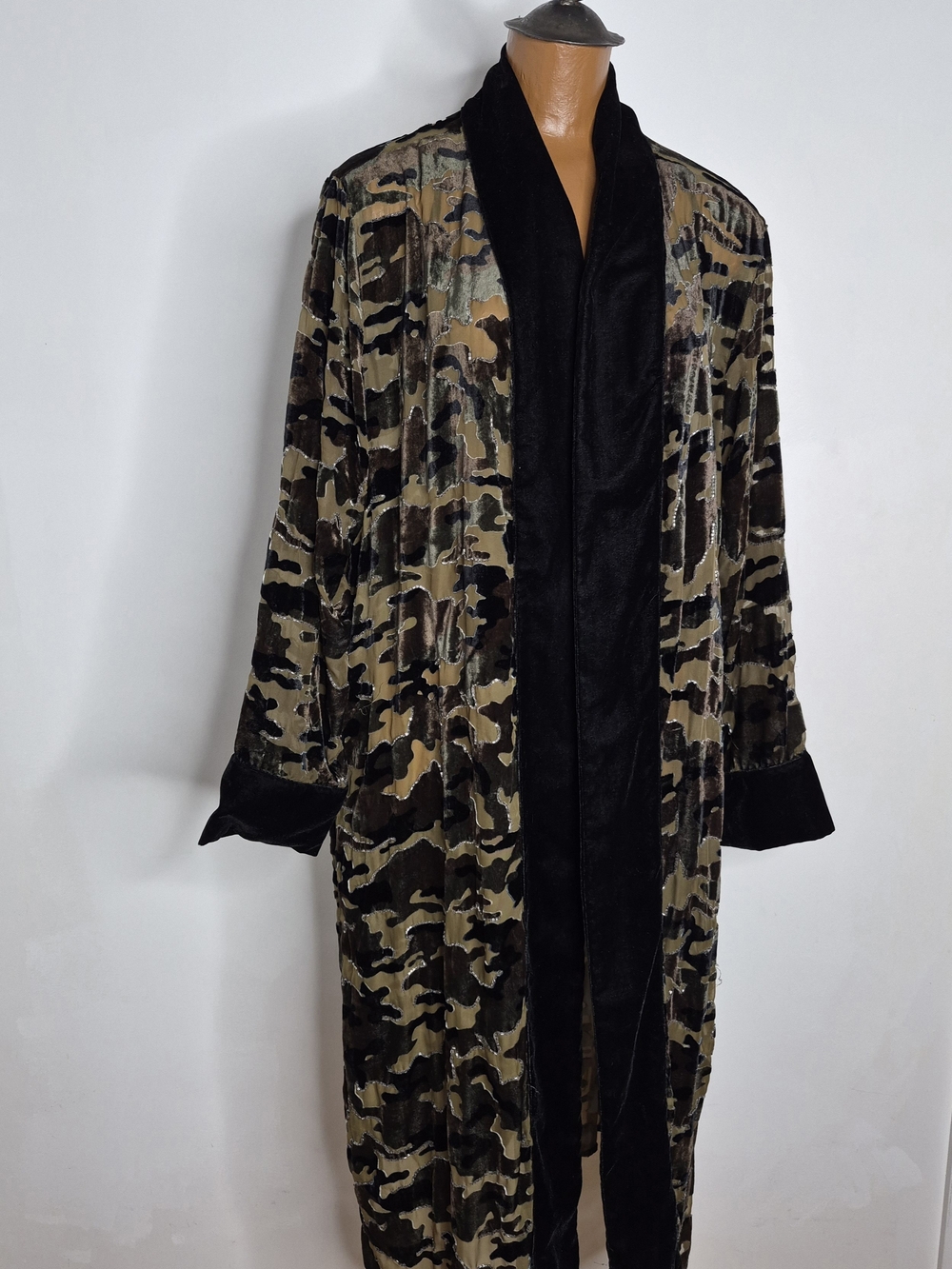 Velvet Camouflage Long Coat with Black Trim